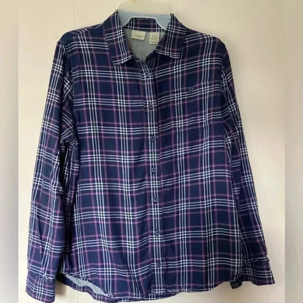 LL Bean Jersey Lined Flannel Shirt Womens Medium Blue Purple 1Pocket Long Sleeve